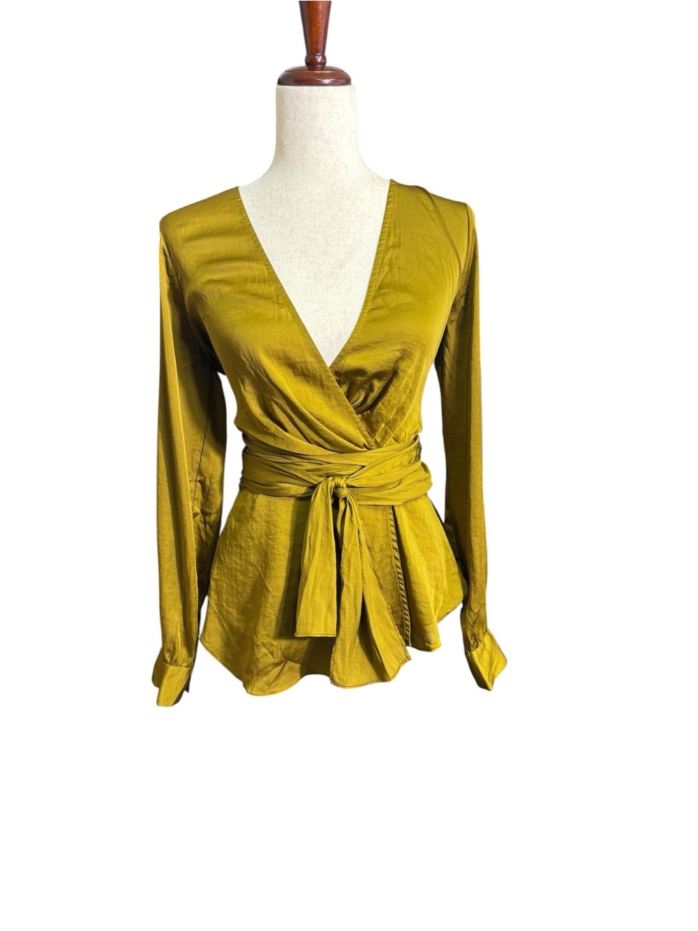 Moulinette Soeurs Anthropologie Wrap Blouse Top Gold Olive Satin Tie Waist Sz 8